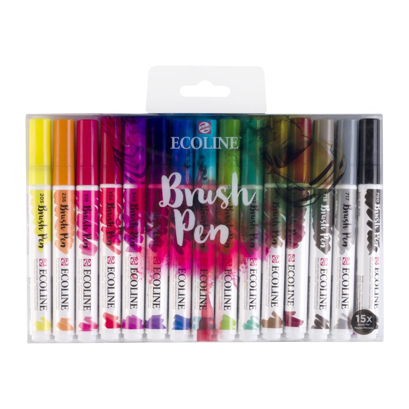 Ecoline Brush Pen Set of 15 Liquid Watercolor Pens â€“ Basic Colors | Blendable Brush Markers for Hand Lettering, Drawing, & Crafts - Image 1